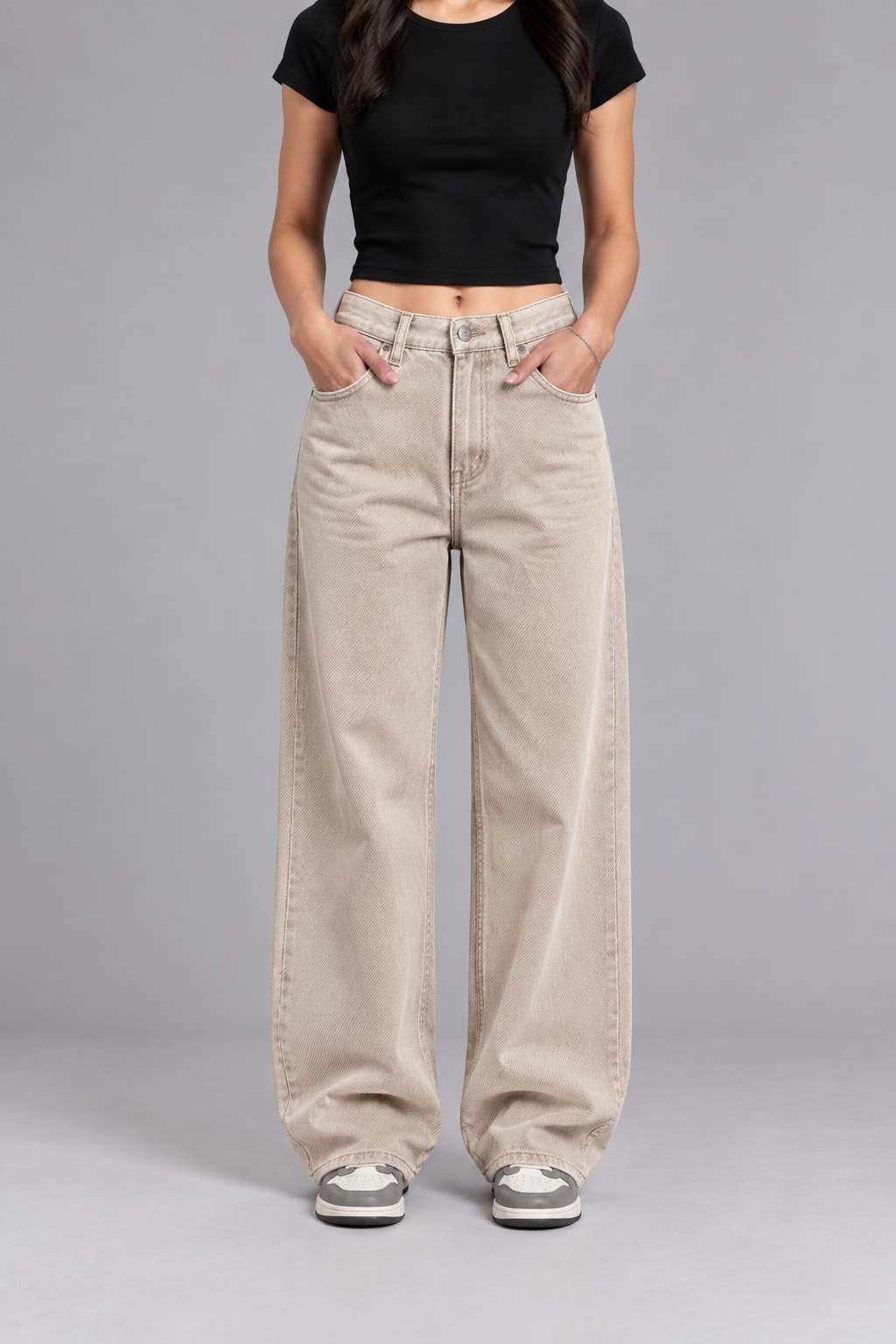 1-3-1.jpg Muddy Beige Semi-Baggy Jeans for Women - Image 1
