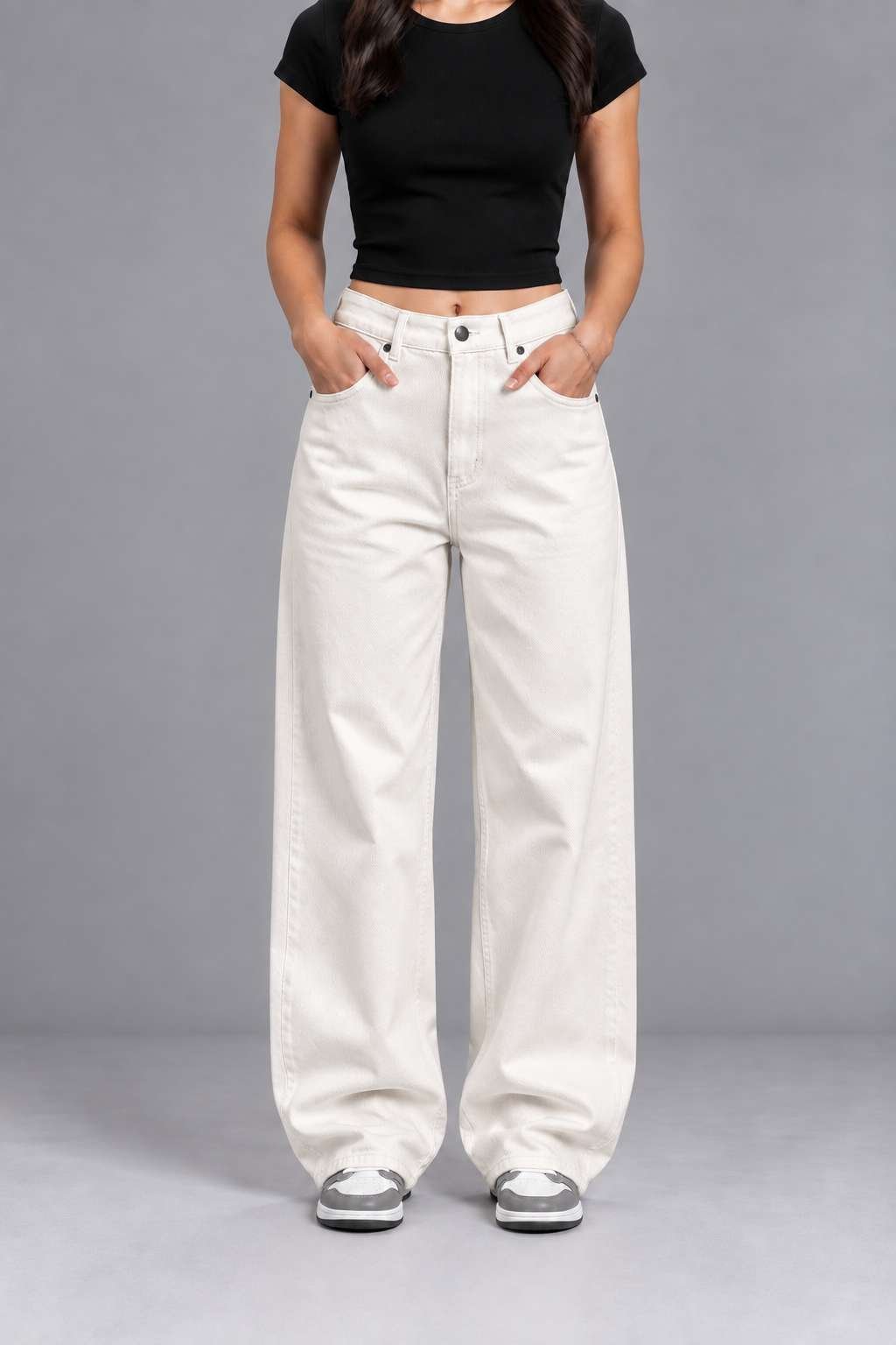 1-5-1.jpg Cream White Semi-Baggy Jeans for Women - Image 1